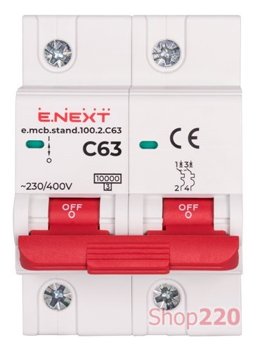 Автомат 63 А, 2-полюсный, тип С, e.mcb.stand.100.2.C63 Enext - фото 105086