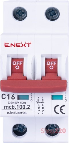 Автомат 16 А, 2-полюсный, тип С, e.industrial.mcb.100.2.C16 Enext