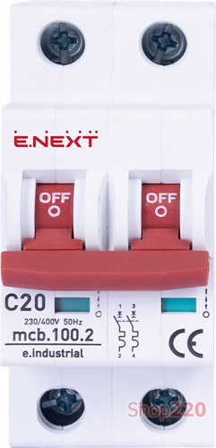 Автомат 20 А, 2-полюсный, тип С, e.industrial.mcb.100.2.C20 Enext