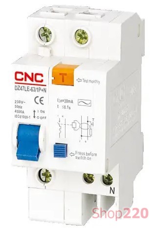 Дифавтомат 20А, 30мА, 2 полюса, кривая С, тип АС, YCB6HLE CNC