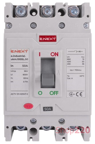 Силовой автоматический выключатель 50 А, 3-фазный, e.industrial.ukm.100SL.50 Enext - фото 107745