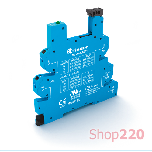 Розетка; MasterBASIC; 230-240В AC; LED; защита кот.; push-in; реле 34.51, 34.81; DIN-рейка; 6.2мм