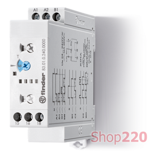 Таймер; 1CO; 16A; 24-240В AC/DC; AgNi; AI,BE,CE,DE,DI,GI,SW,WD; 0.05с-10дн; DIN-рейка; 22.5мм