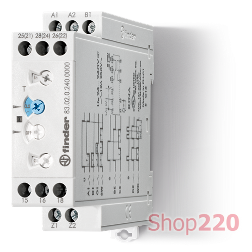 Таймер; 1CO+1CO; 12A; 24-240В AC/DC; AgNi; AI,BE,CE,DE,DI,GI,SW,WD; 0.05с-10дн; DIN-рейка; 22.5мм