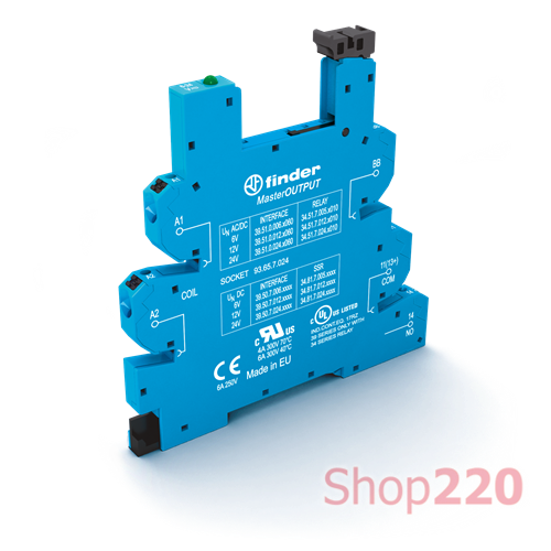 Розетка; MasterOUTPUT; 6-24В AC/DC; LED; защита кот.; OUT bus-bar; push-in; реле 34.51, 34.81; DIN-рейка; 6.2мм