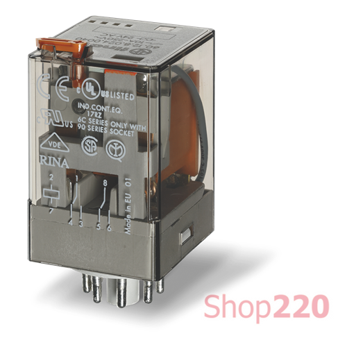 Реле; 2CO; 10A; 240В AC; AgNi; универсальное; 8-штырь.; LED; розетка S90; RT I