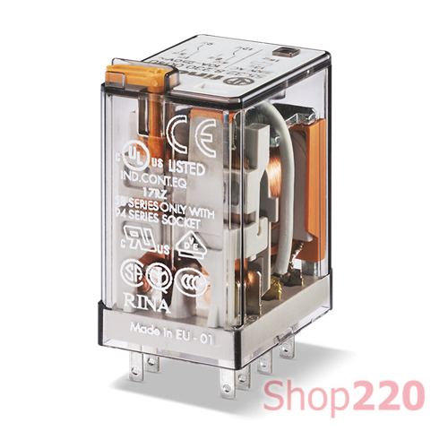 Реле; 2CO; 10A; 24В DC; AgCdO; универсальное; блок.кн.тест + мех.индикатор + LED (+A1 & +A2); розетка S94; RT I