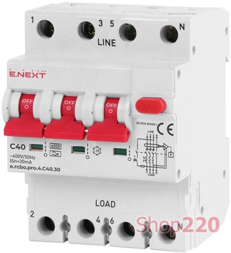 Трехфазный дифавтомат 40А, 30мА, кривая С, тип А, e.rcbo.pro.4.C40.30 Enext - фото 111804