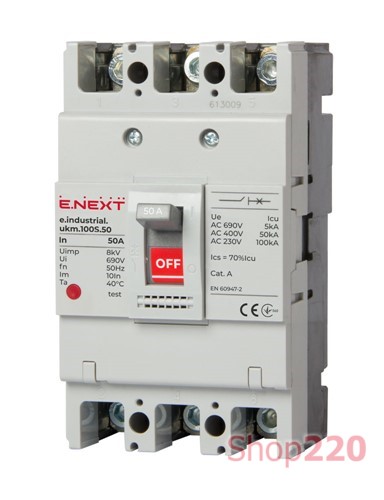 Силовой автоматический выключатель 3р, 50А, e.industrial.ukm.100S.50 Enext