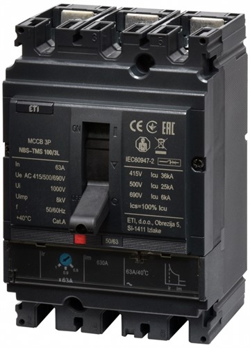 Автоматический выключатель 63A 3P, 36kA, (0.8-1)In/фикс., NBS-TMS 100/3L