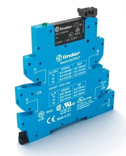Реле ИФМ; MasterOUTPUT; 1NO; 6A; 24В AC/DC; AgNi; LED; защита кот.; OUT bus-bar; зажим.; DIN-рейка; 6.2мм