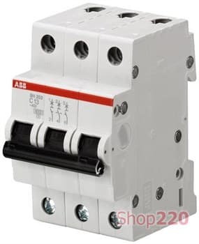 Автоматический выключатель 16А, 3 полюса, уставка C, ABB SH203-C16 - фото 42972