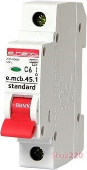 Автоматический выключатель 6А, 1-фазный, хар-ка С, e.mcb.stand.45.1.C 6 s002006 E.NEXT - фото 51186