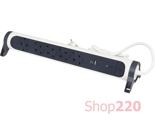 Удлинитель на 5 розеток 16 А с USB A+C, с УЗИП, кабель 1,5 м, белый/черный, премиум 694510 Legrand - фото 90798
