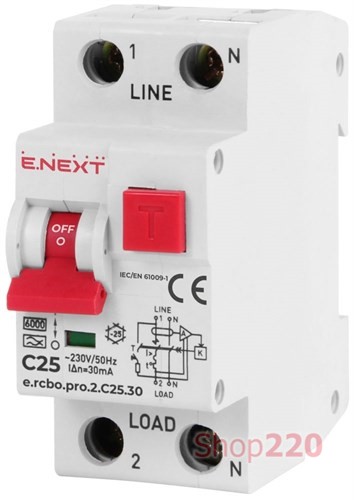 Дифференциальный автомат 20А, 30мА, кривая С, тип А, e.rcbo.pro.2.C20.30 Enext