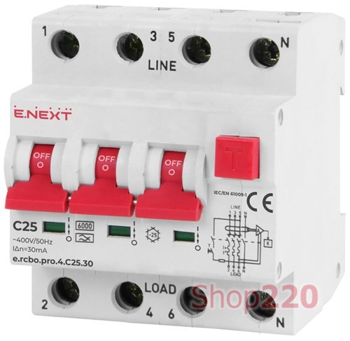 Трехфазный дифавтомат 25А, 30мА, кривая С, тип А, e.rcbo.pro.4.C25.30 Enext - фото 92398