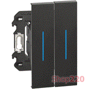 Выключатель кнопочный двухклавишный с подсветкой синего цвета 10А винтовые клеммы 2 модуля, черный, Bticino Living Now