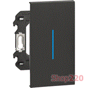 Выключатель/переключатель одноклавишный кнопочный на 2 направления(проходной) с подсветкой синего цвета 10А 2 модуля, черный, Bticino Living Now