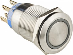 Кнопка металлическая плоская с подсветкой, 2NO+2NC, синяя 12V, TYJ 19-272