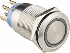 Кнопка металлическая плоская с подсветкой, 2NO+2NC, зеленая 12V, TYJ 19-272