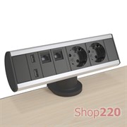 Блок розеток на стол 220В + USB + RJ45, алюминий/черный, Axessline Desk Kondator