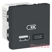 Розетка USB для зарядки, тип A + C , антрацит, 2 модуля, Unica New Schneider NU301854