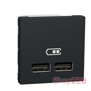 Розетка USB для зарядки, двойная, антрацит, 2 модуля, Unica New Schneider NU341854