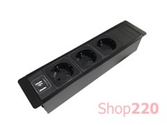 Врезной блок розеток 3х220В + USB, черный, Versaframe ASA 060.32F.00008